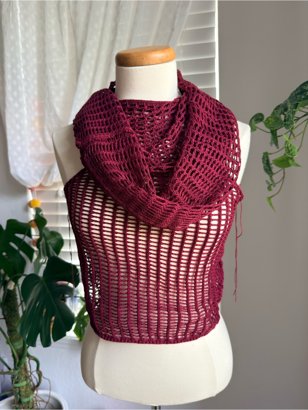 Handmade Burgundy Crochet Infinity Scarf Top